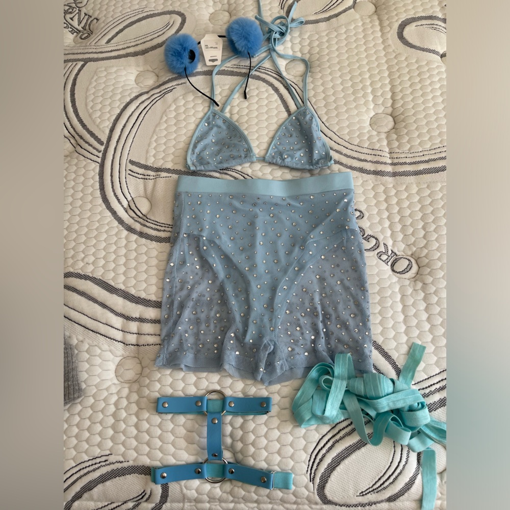 Blue Sheer Rhinestone Top and Bikini Set